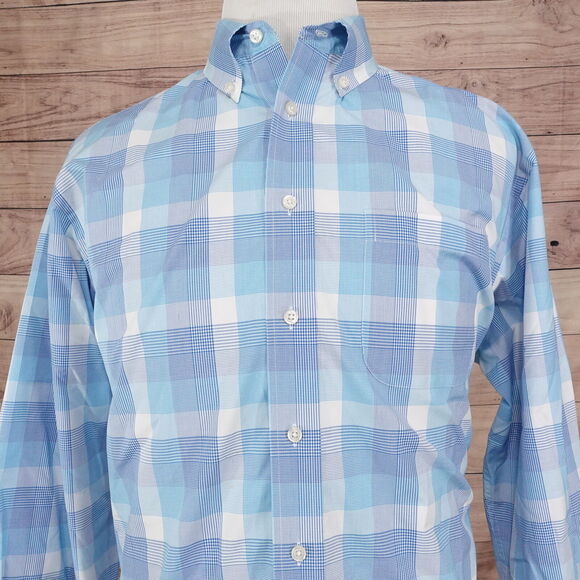 JOS A BANK TRAVELER'S COLLECTION BLUE CHECK BUTTON DOWN SHIRT MENS L **READ - Picture 1 of 8